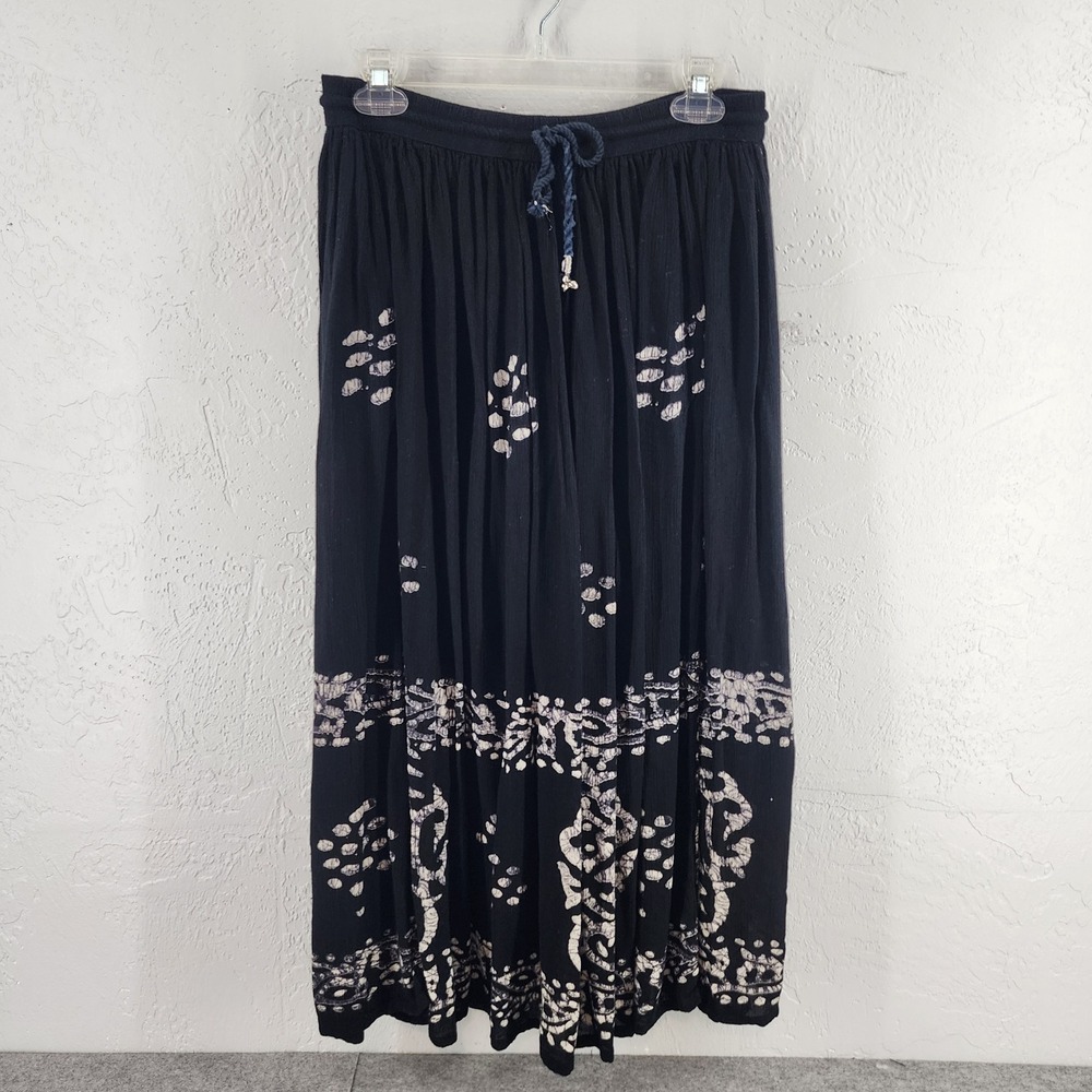 Relativity Black Batik Print Rayon Gauze Elastic Waist Maxi Skirt Boho Women S
